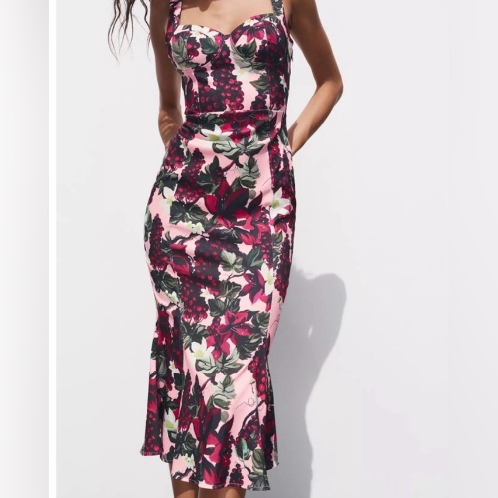 Zara Pink and Black Floral Midi Dress